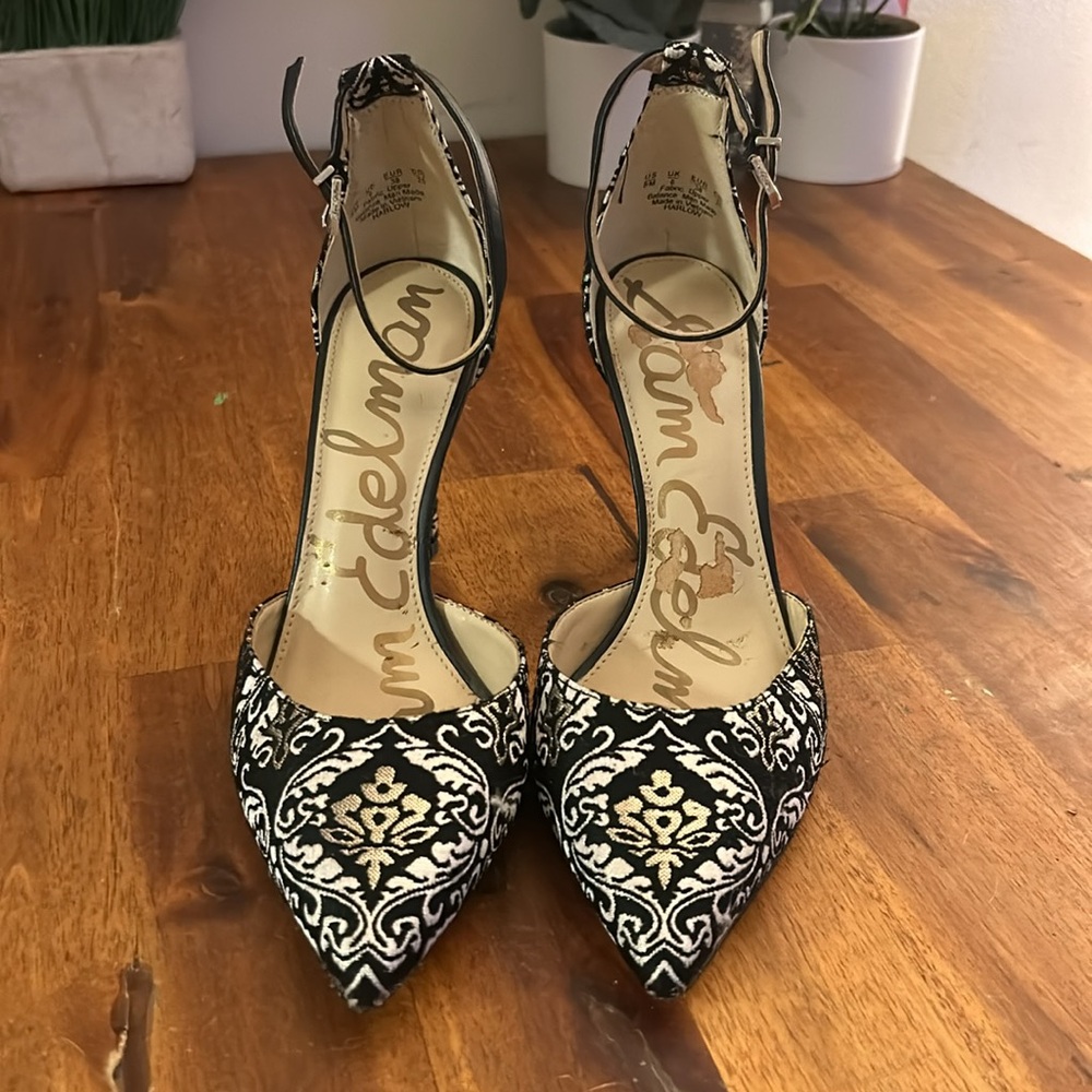 Sam Edelman Black and White Brocade Pointed-Toe Ankle-Strap Heels - Picture 3 of 7